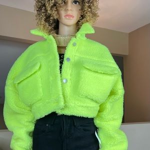 Akira Sherpa Lime Crop Top Jacket